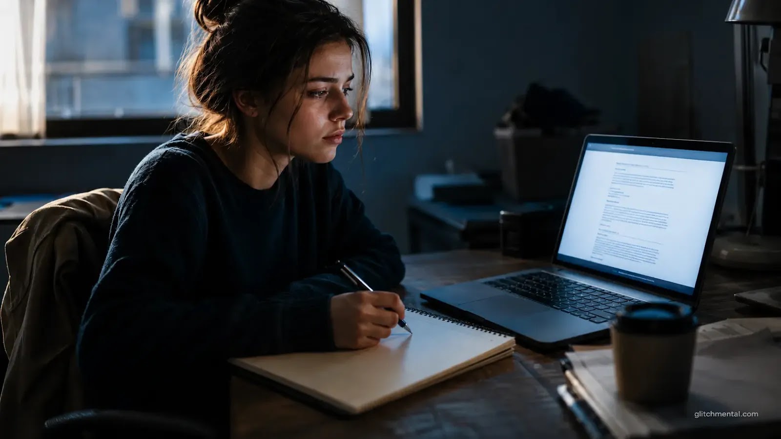 IA empleo junior: mujer joven con cuaderno en blanco frente a pantalla con trabajo ya completado, luz fría sobre figura