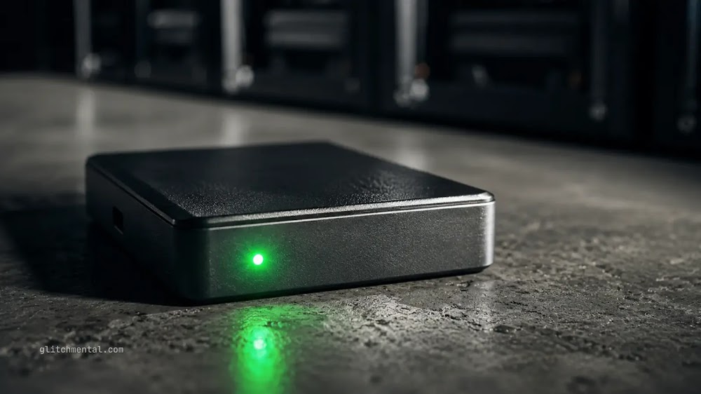 La IA en tu teléfono: módulo de cómputo compacto con indicador luminoso sobre piso técnico