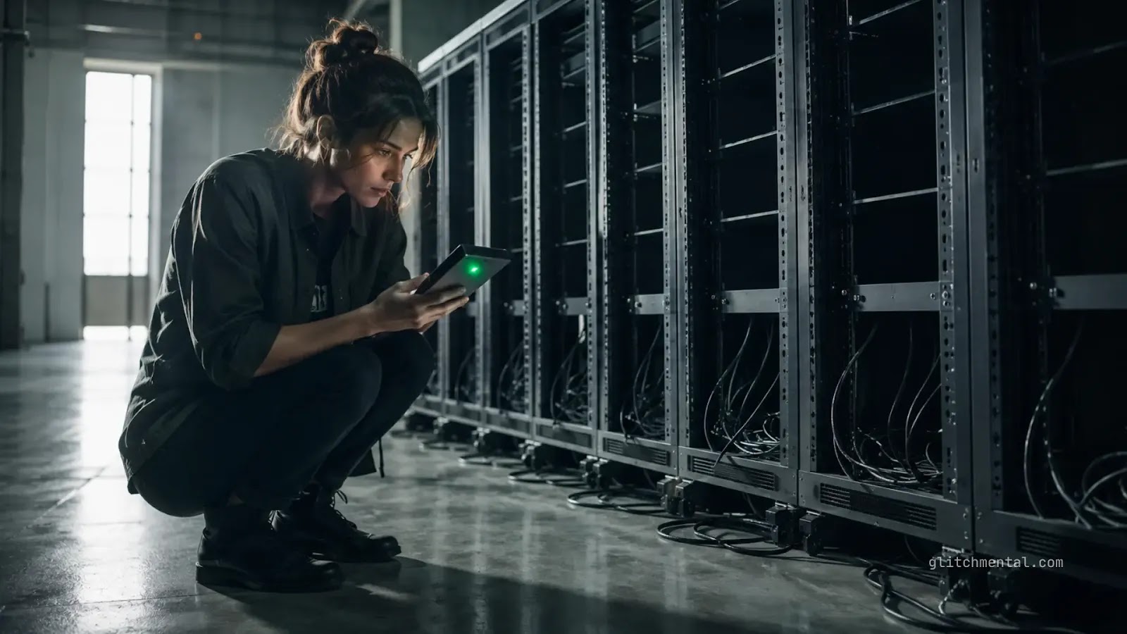 La IA en tu teléfono: una mujer con un dispositivo compacto frente a racks de servidores en entorno de centro de datos