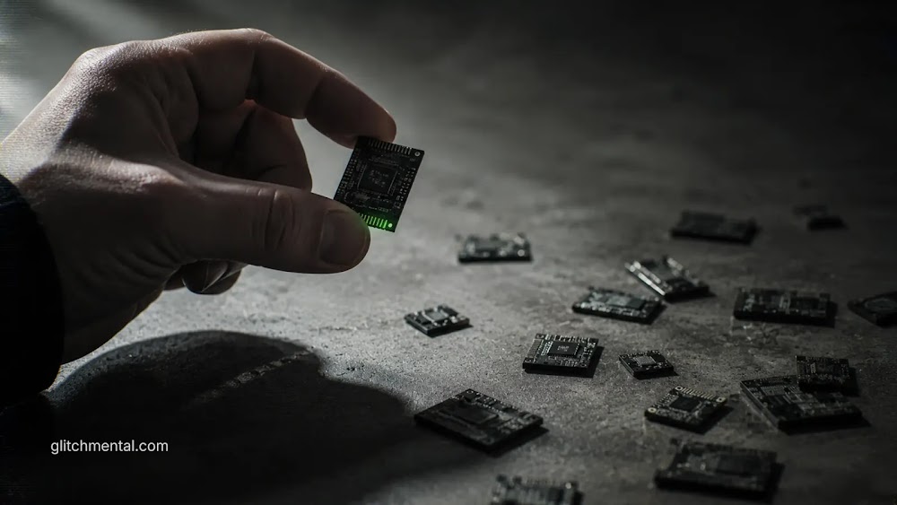 La IA como nuevo Darwin: mano selecciona microchip entre placas electrónicas sobre mesa