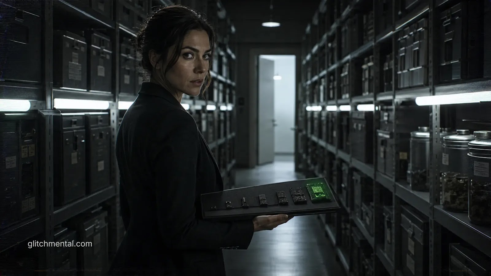 La IA como nuevo Darwin: mujer en archivo tecnológico con panel de microchips evolutivos