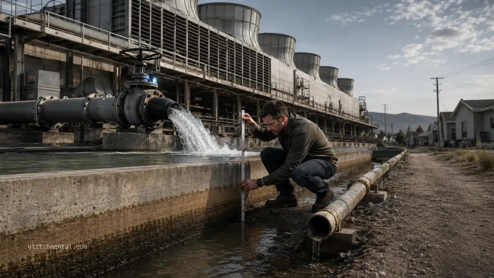 Hombre mide la caída del nivel de agua junto a una planta industrial que consume grandes volúmenes mientras una tubería local pierde presión.