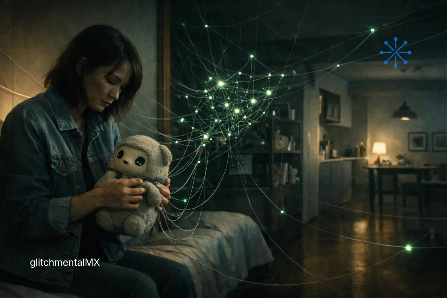 IA cura la soledad: mujer sosteniendo robot mientras red de conexiones digitales invade habitación