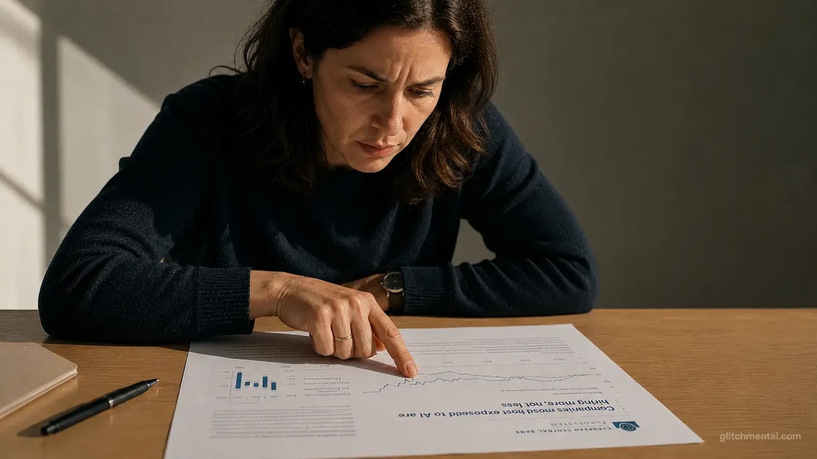 IA empleos Europa BCE: mujer con dedo sobre gráfica institucional impresa con resultado contrario a lo esperado