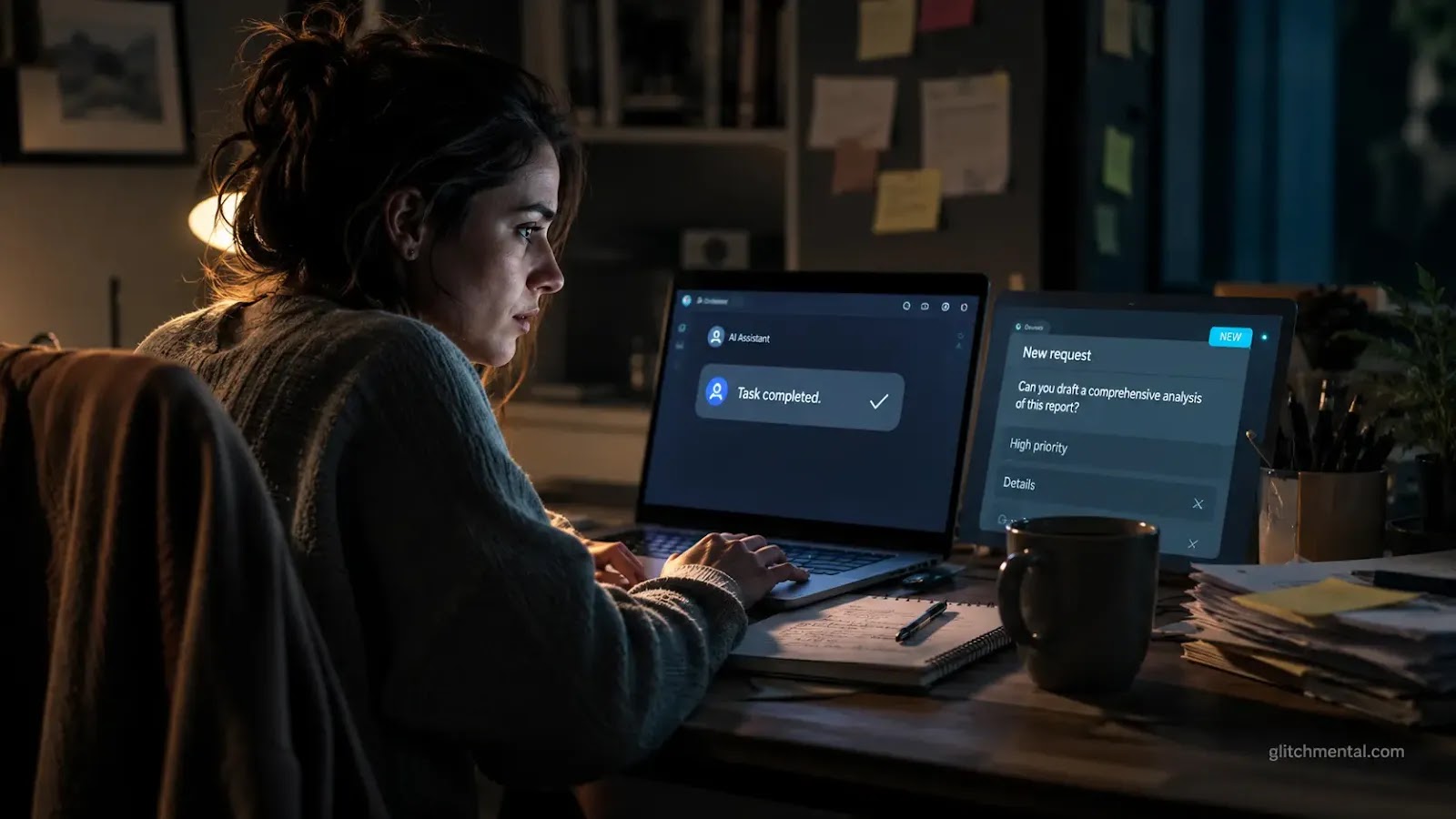 IA y carga laboral: mujer frente a laptop nocturna con tareas acumuladas en pantalla