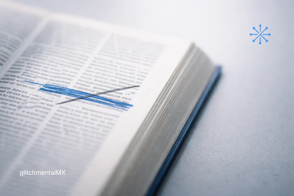 La IA no te entiende: libro abierto con frase subrayada y tachada indicando interpretación incorrecta