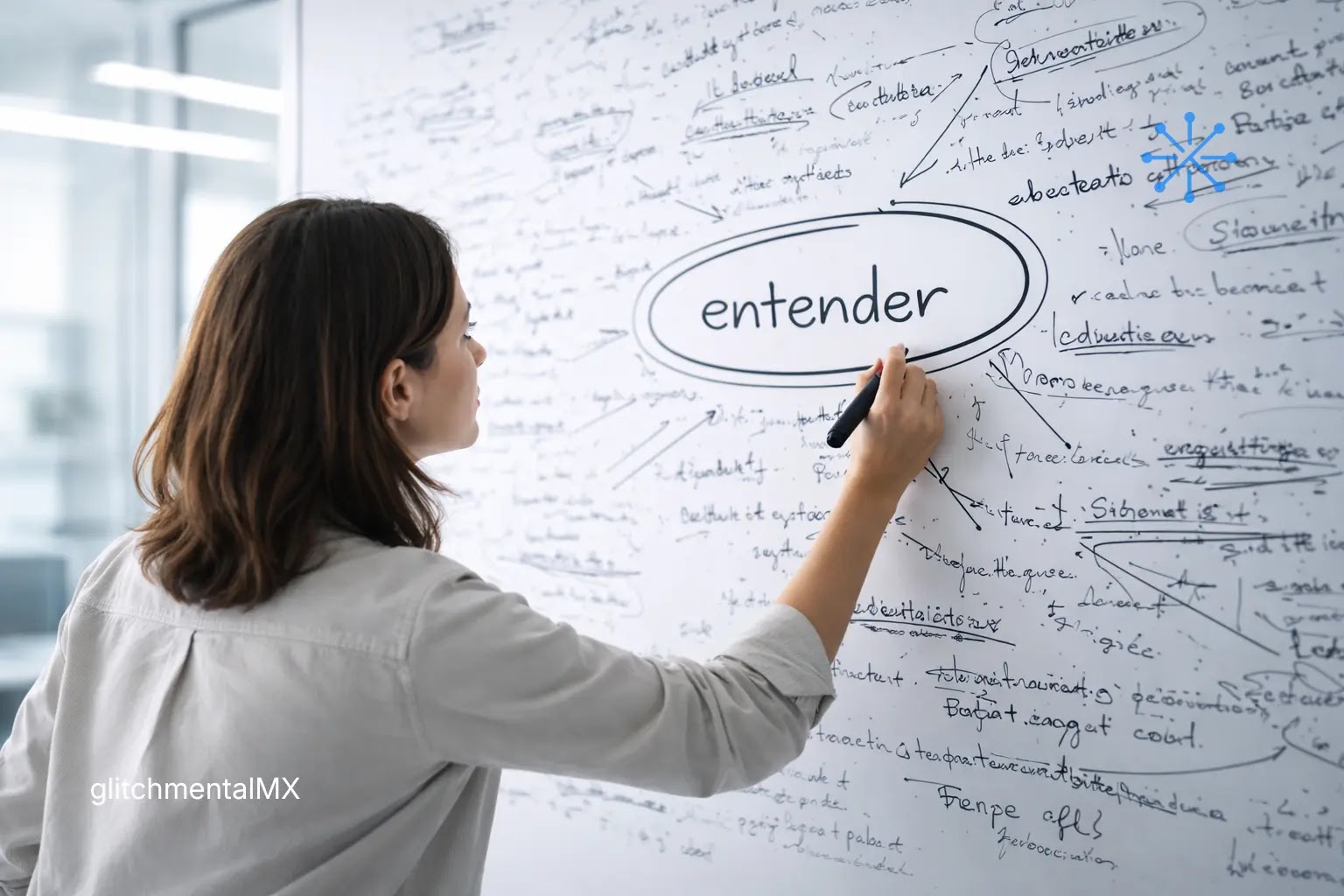 La IA no te entiende: mujer escribiendo ‘entender’ en pizarrón rodeado de conexiones y notas confusas