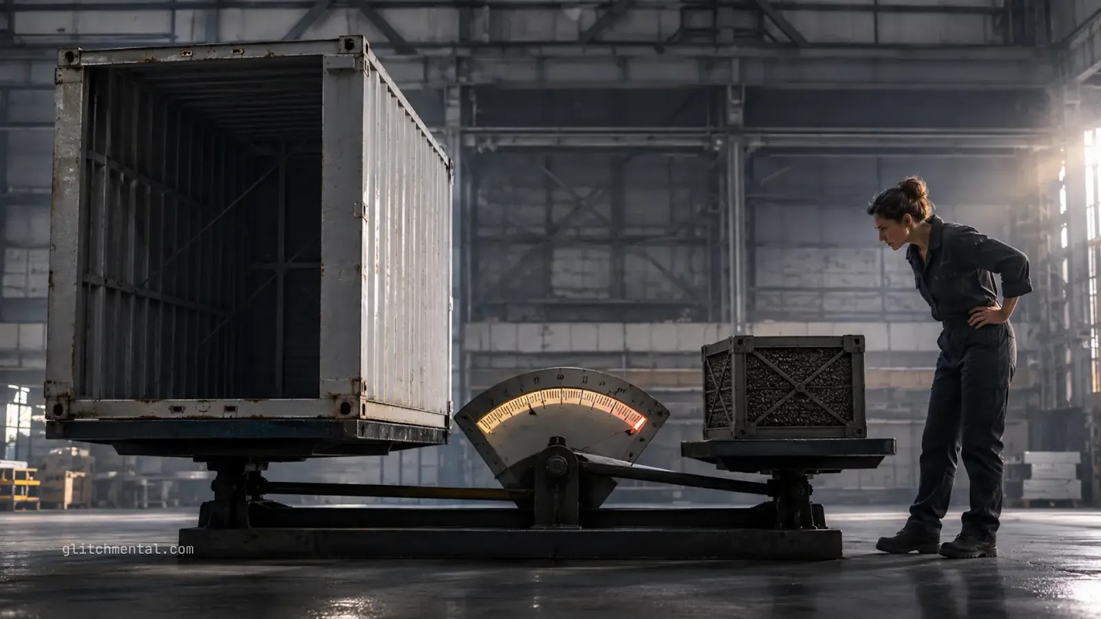 Mujer observa una balanza industrial donde una pequeña caja pesa casi tanto como un contenedor gigante vacío, desafiando percepciones.