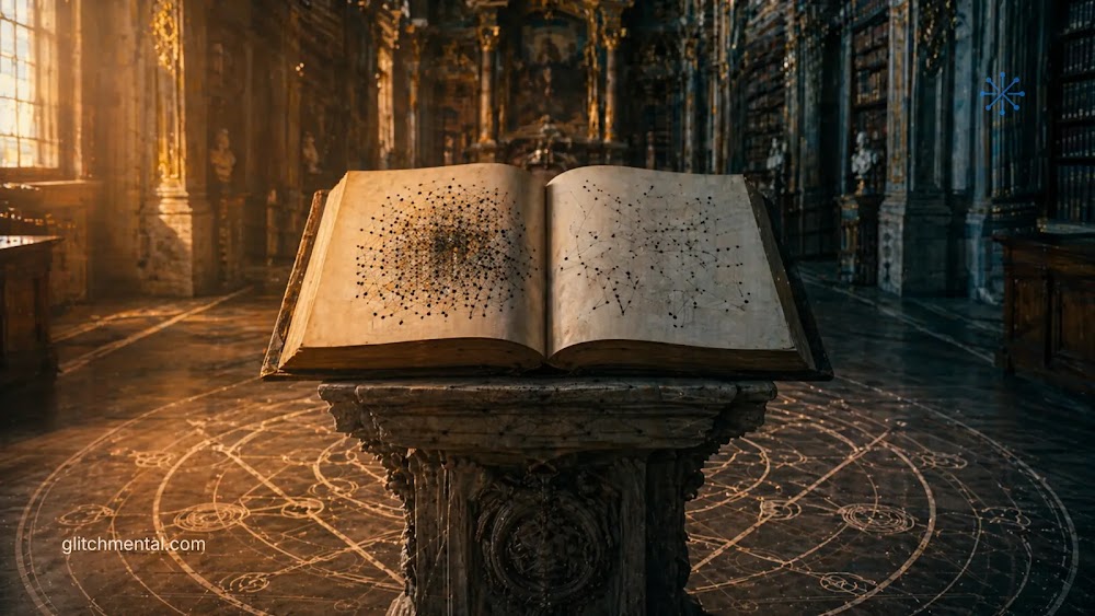 La IA occidental: libro abierto con diagramas de red en atril dentro de biblioteca histórica