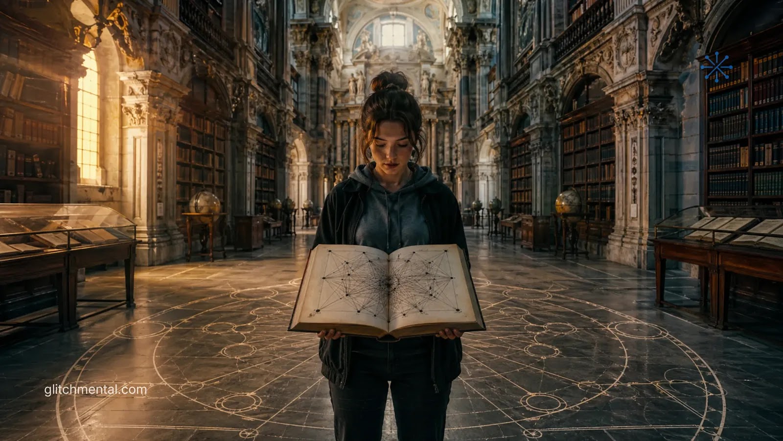 La IA occidental: mujer sostiene libro con patrones de red en biblioteca con símbolos en el suelo