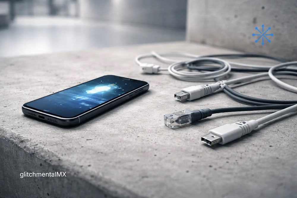 IA que no necesita internet: smartphone sobre mesa con cables desconectados sin conexión