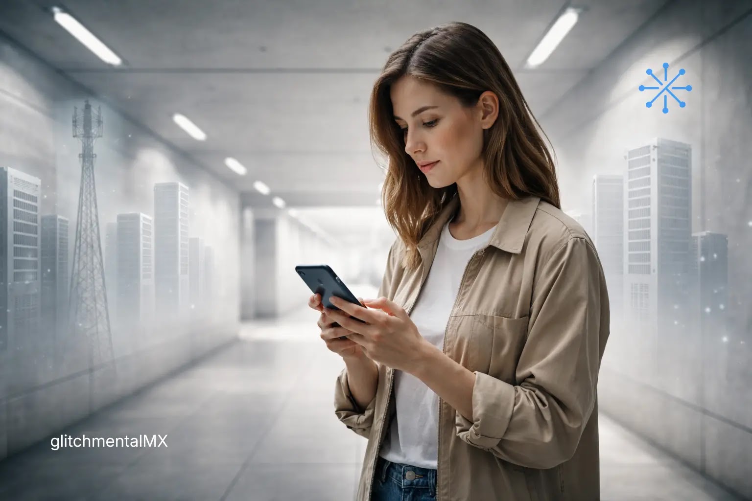 IA que no necesita internet: mujer usando smartphone sin conexión en entorno urbano