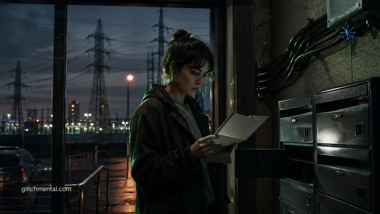 La IA ya sube tu factura de luz: mujer observa medidor eléctrico con planta energética al fondo