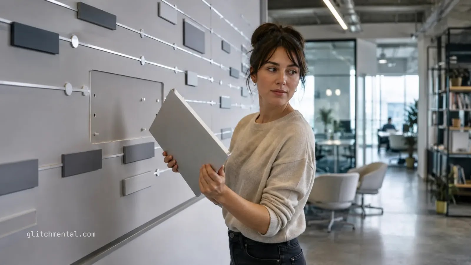 La industria de IA está dejando de hablar de AGI: mujer retirando panel de un diagrama mural en oficina