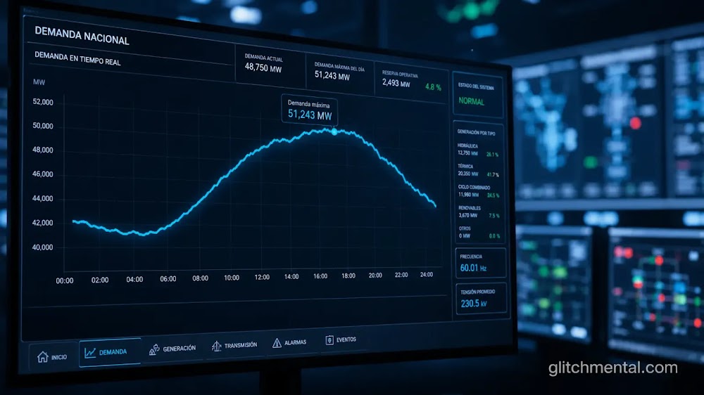 Monitor de sala de control mostrando una curva de demanda eléctrica pico, relevante para el límite energético de la IA en México.
