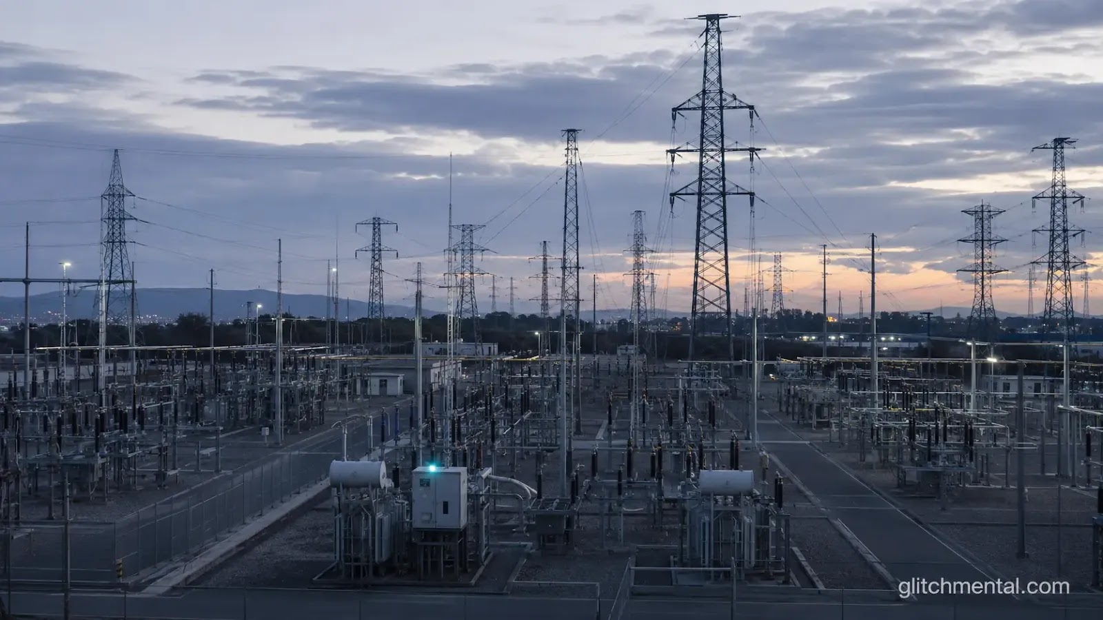 Subestación eléctrica de gran escala con múltiples líneas de transmisión, representando la demanda nacional de electricidad para IA.
