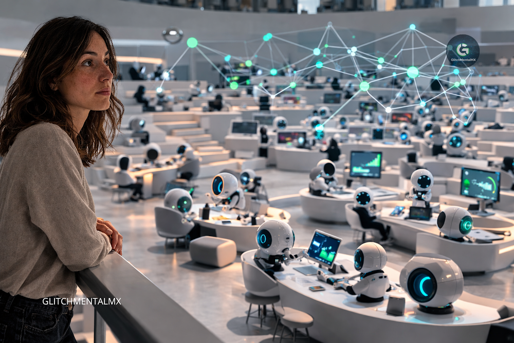 Automatización con IA: mujer observando sala de robots autónomos trabajando en red