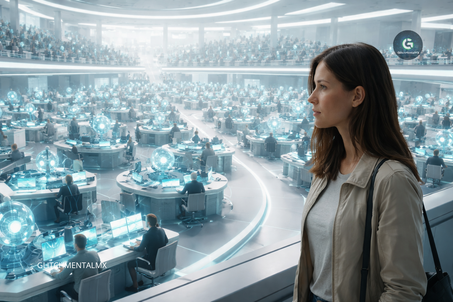Futuro del trabajo con IA: trabajadores humanos rodeados de esferas de datos holográficos