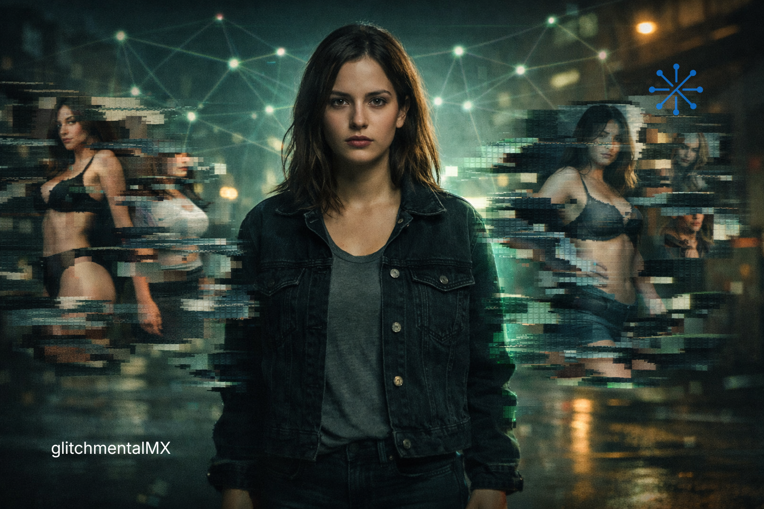 deepfakes sexuales IA UE: mujer rodeada de versiones digitales fragmentadas de su cuerpo conectadas en red