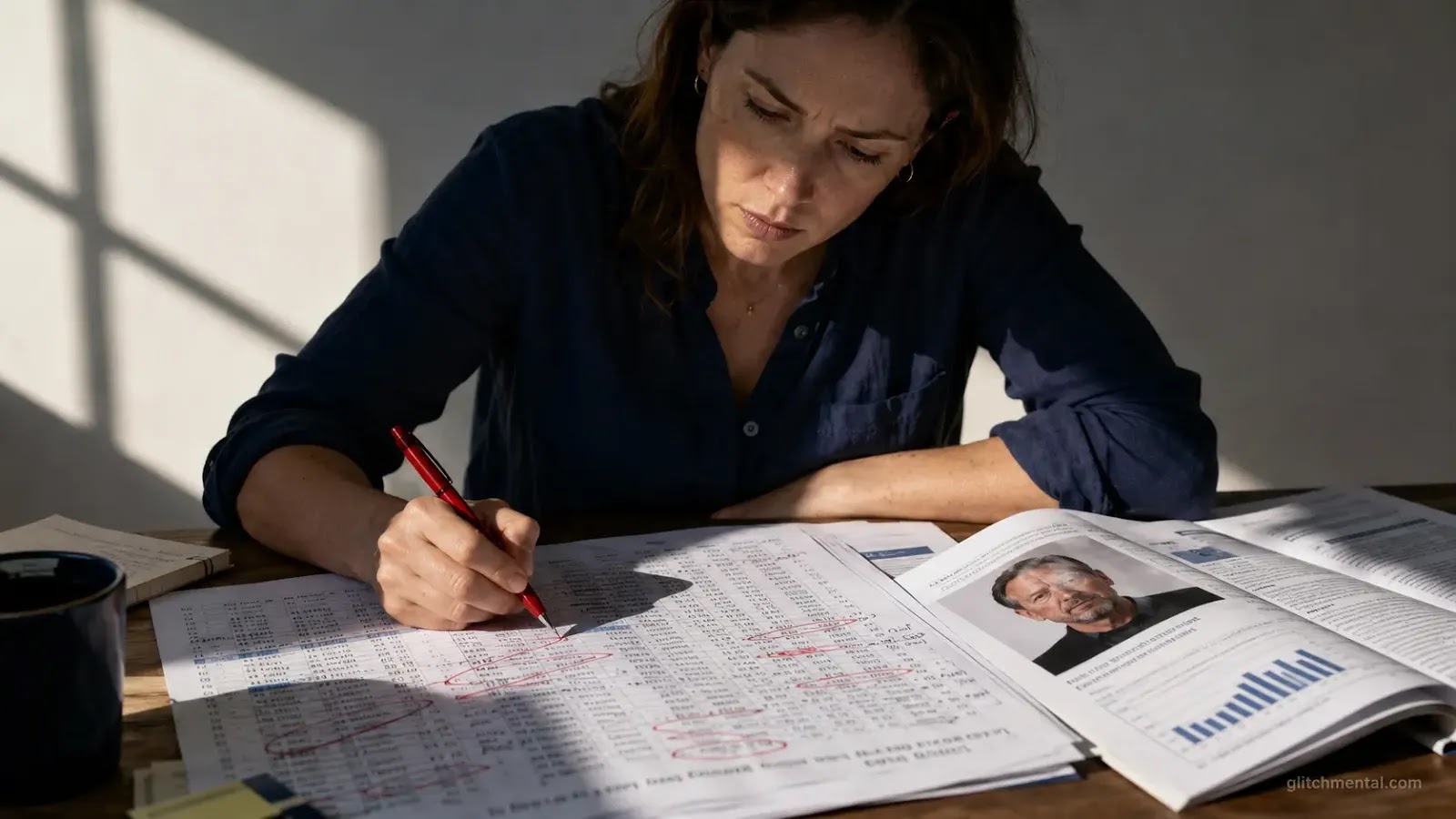 Larry Ellison datos IA: mujer anotando en rojo documento con tablas de datos junto a segunda fuente sobre mesa de trabajo