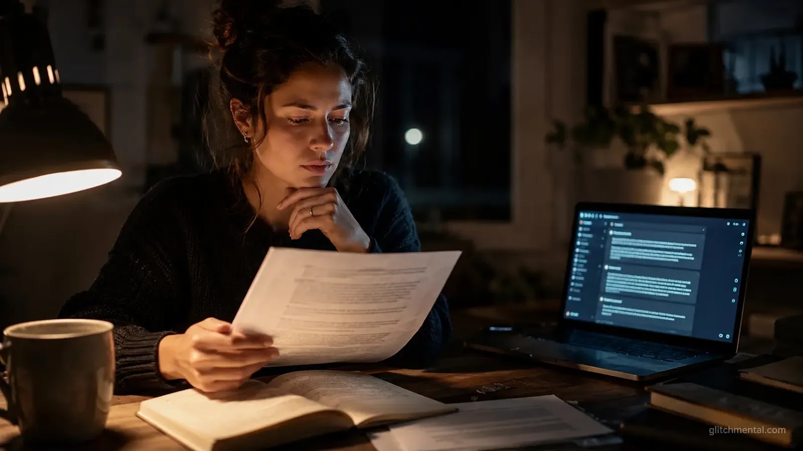 Habilidades en la era de la IA: mujer leyendo página impresa en escritorio con laptop desplazada al fondo