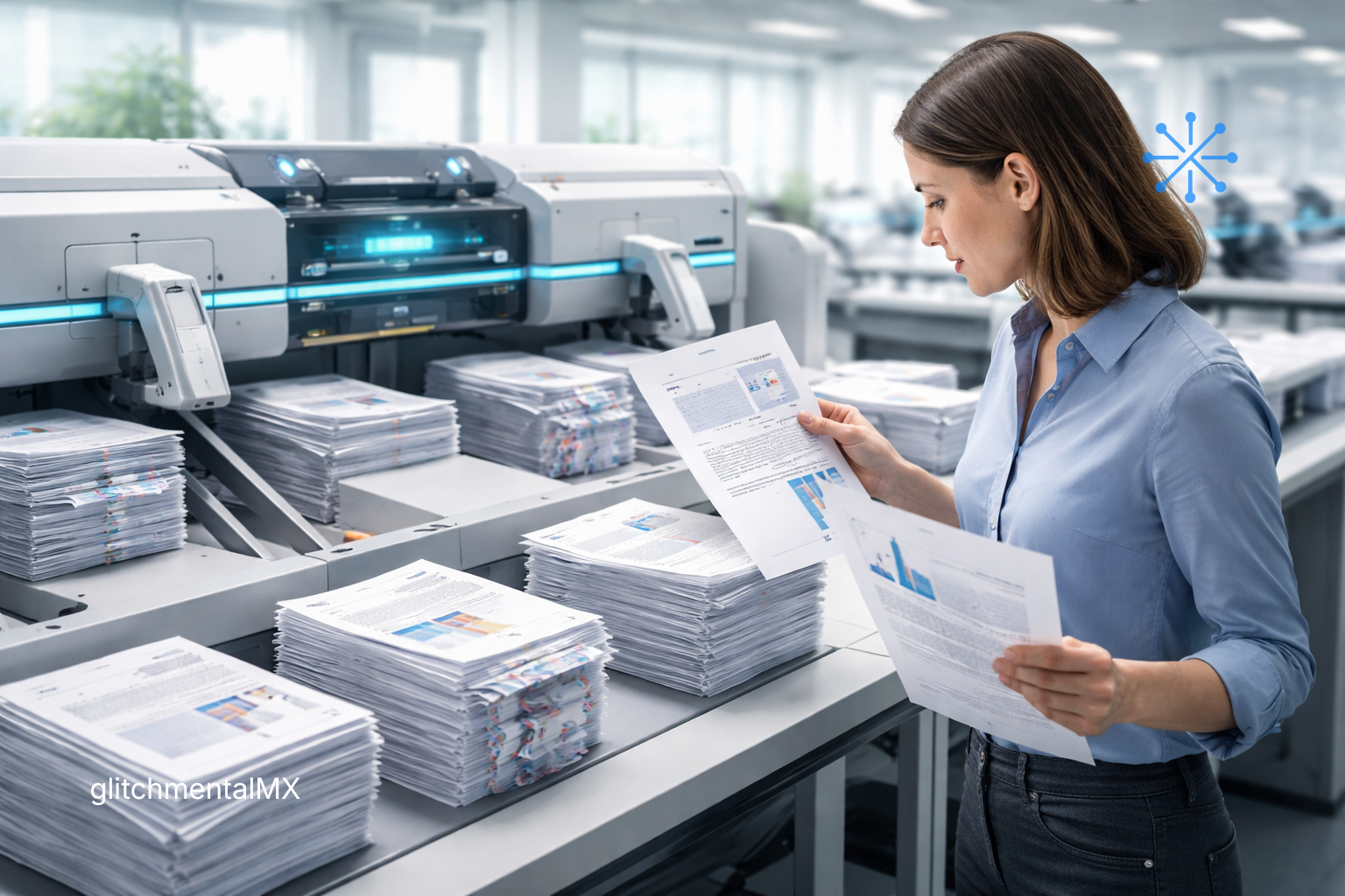limitaciones de la IA: persona revisando documentos impresos en flujo automatizado de producción