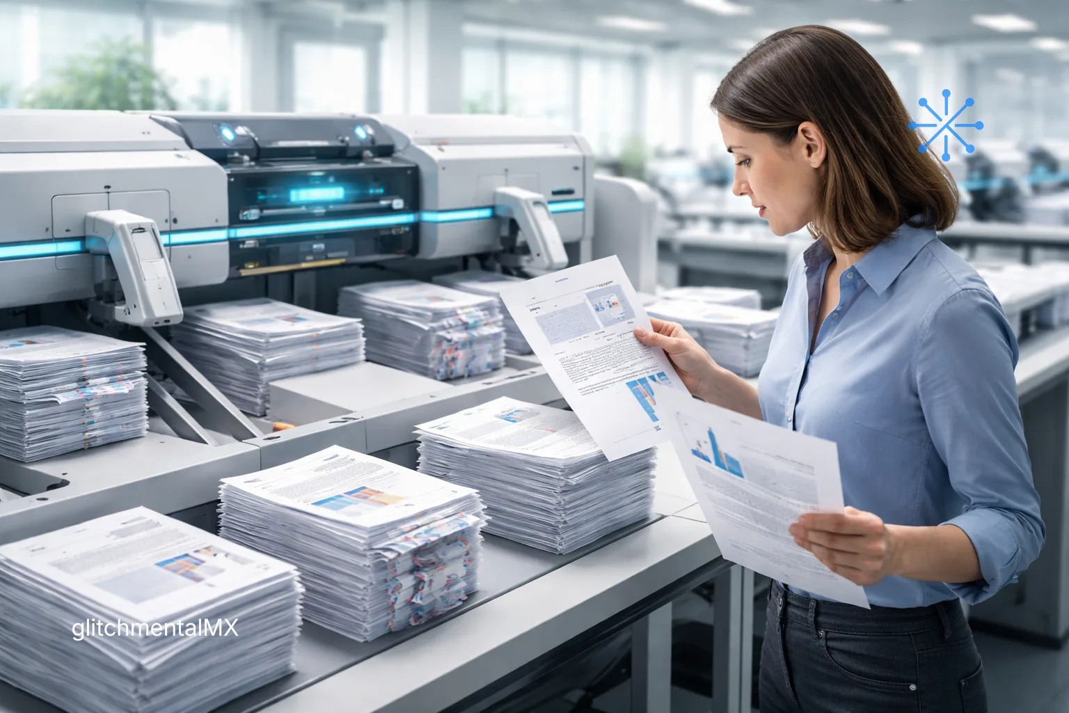 limitaciones de la IA: persona revisando documentos impresos en flujo automatizado de producción