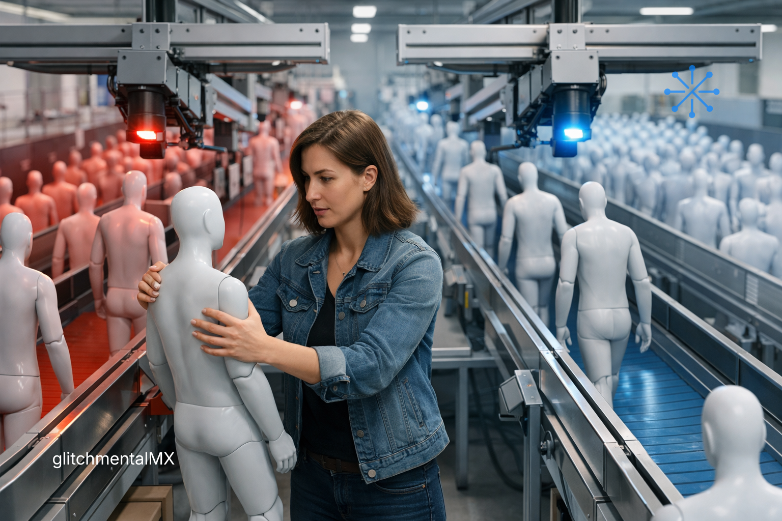 Las palabras que construyen el miedo: persona manipula maniquíes en líneas separadas por luz roja y azul