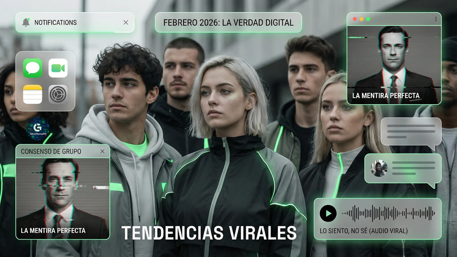 TikTok tendencias febrero 2026: collage de notificaciones móviles con texto sobre verdades digitales, consenso grupal y audios virales.