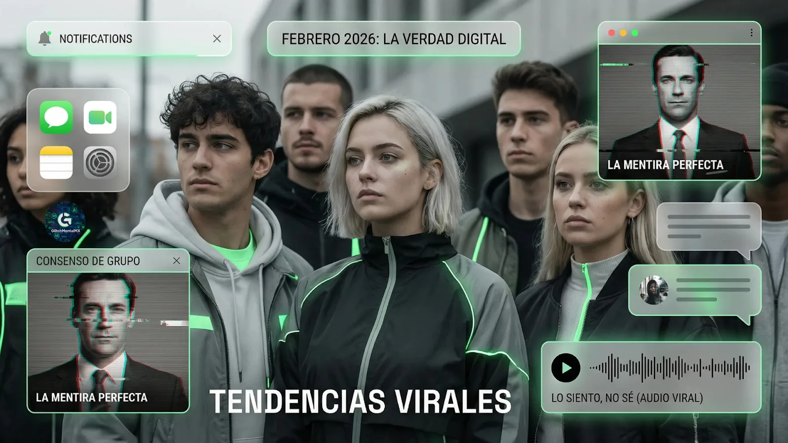 TikTok tendencias febrero 2026: collage de notificaciones móviles con texto sobre verdades digitales, consenso grupal y audios virales.