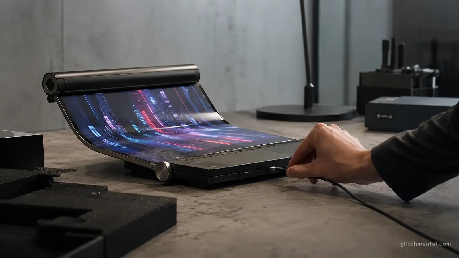 Mejores gadgets CES 2026: laptop con pantalla enrollable a medio extender sobre escritorio real