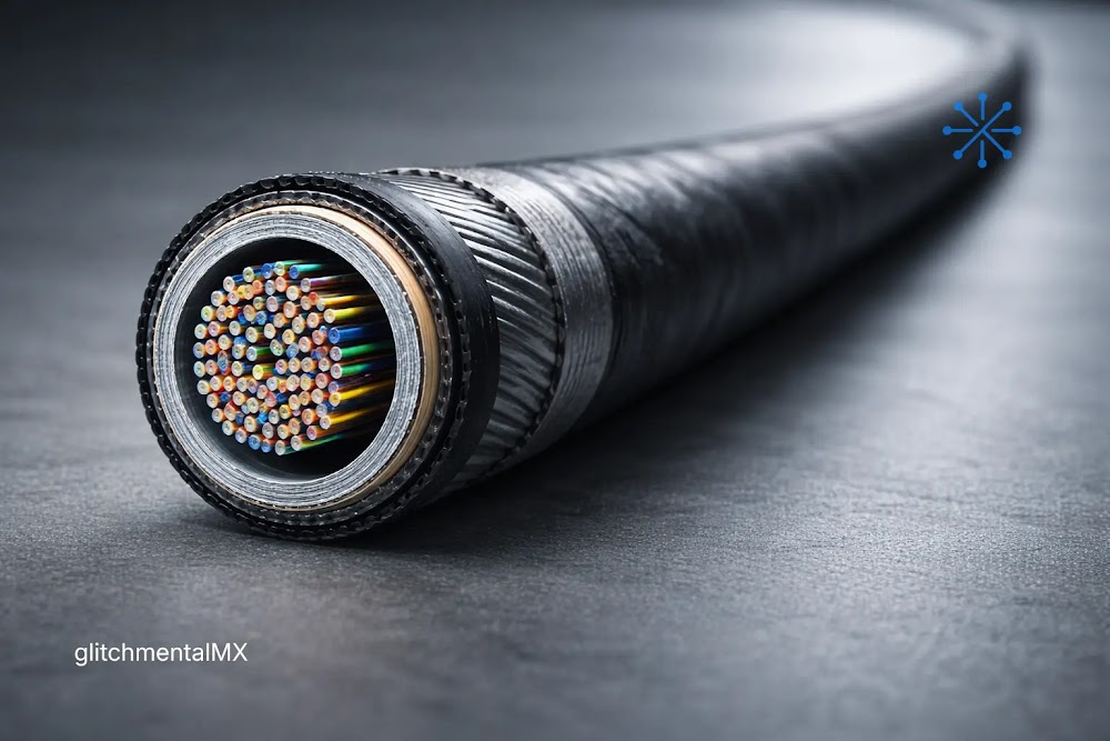 Los cables que sostienen internet: corte de cable de fibra óptica mostrando núcleos de transmisión de datos