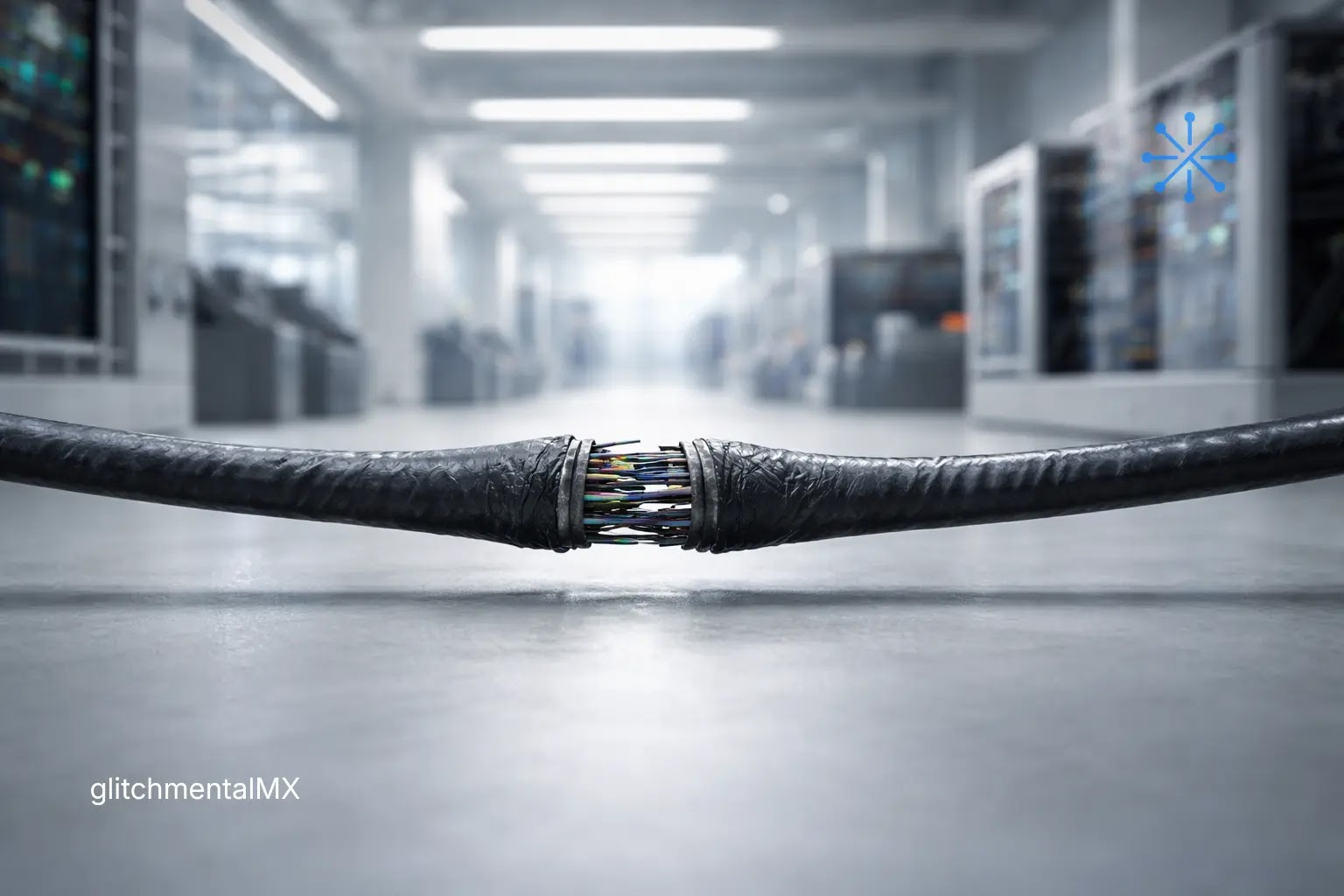 Los cables que sostienen internet: cable de fibra dañado con filamentos expuestos en centro de datos