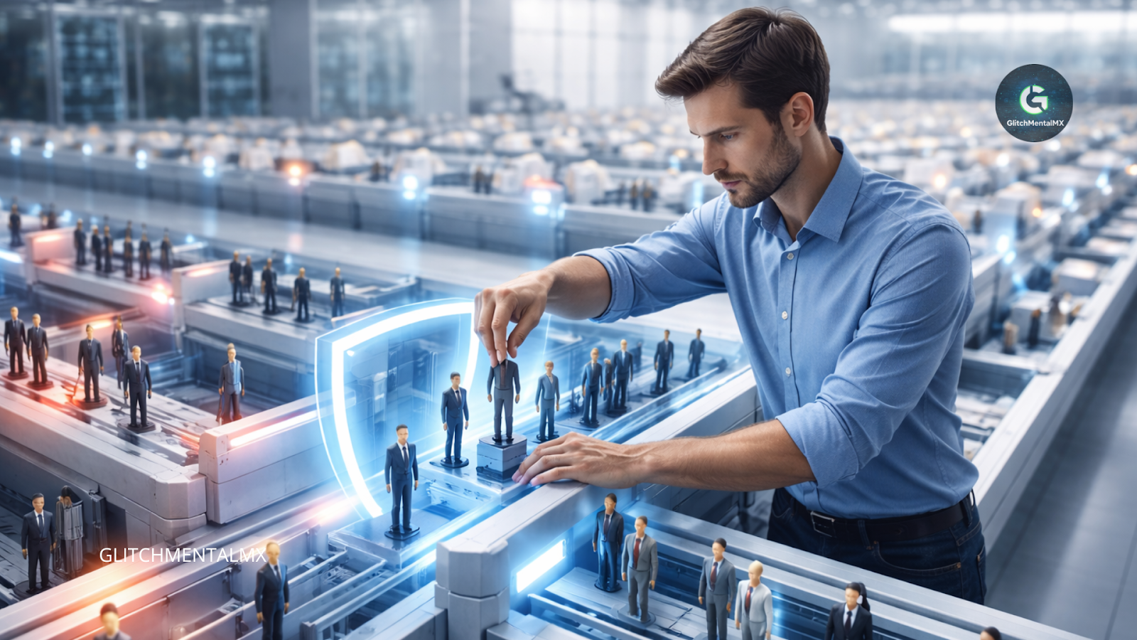 empleos resistentes IA 2026: hombre selecciona figura humana protegida por escudo digital en sistema automatizado de trabajadores