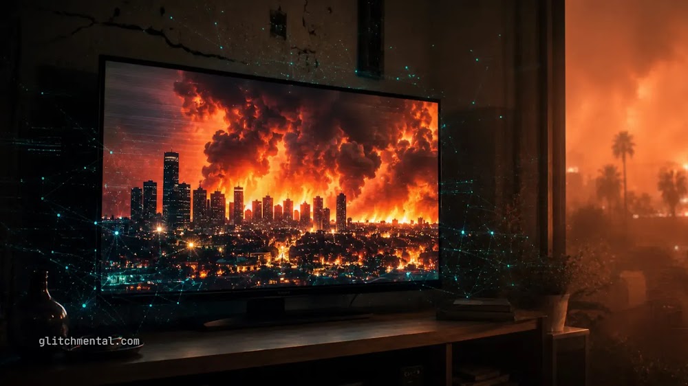 Los incendios de Los Ángeles: televisor muestra ciudad en llamas con red digital superpuesta