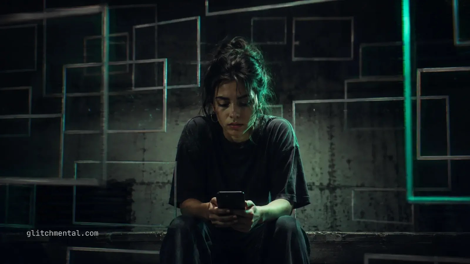Los memes no son chistes: mujer usando smartphone rodeada de marcos digitales superpuestos