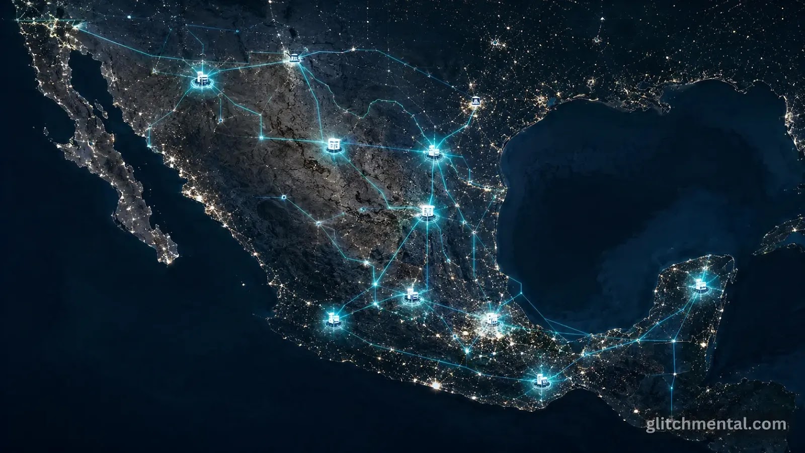 Vista satelital nocturna de México con nodos de centros de datos conectados por una red eléctrica, mapa del costo ambiental nacional de la IA.