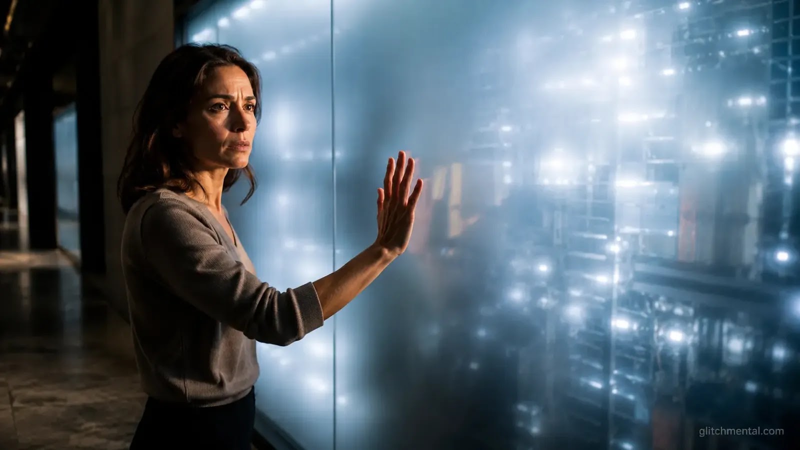 opacidad modelos IA: mujer presiona mano sobre panel de vidrio esmerilado con sistema activo ilegible al fondo