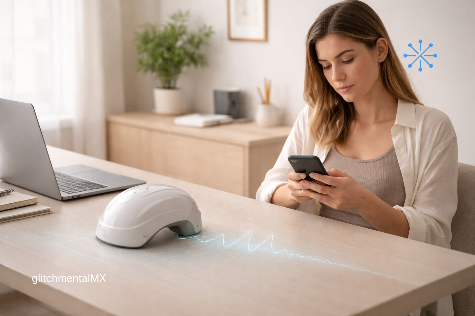 Mave Health tDCS: casco neurostimulación sobre escritorio con onda EEG sin resolver y usuaria autoevaluando