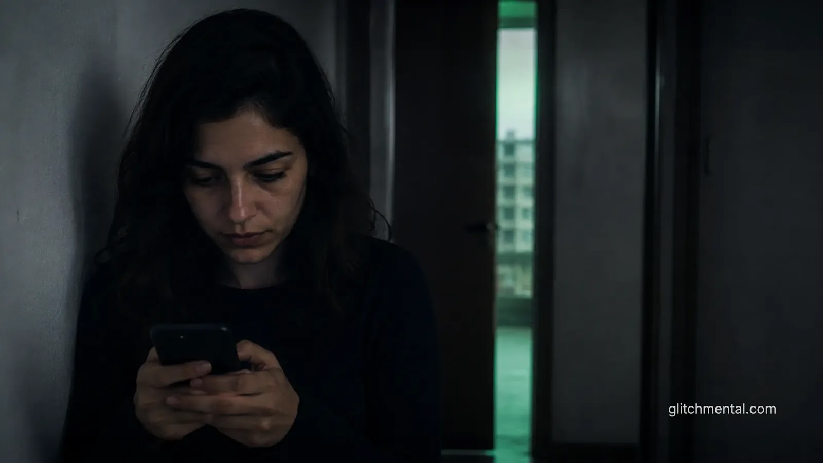 mensajería privada: mujer usando smartphone en pasillo interior para enviar mensajes