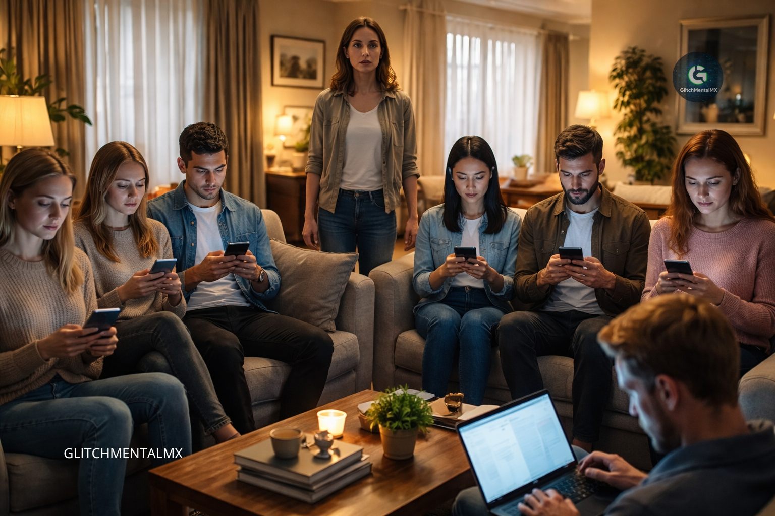 red social de IA: grupo de personas usando smartphones mientras una mujer observa interacción digital