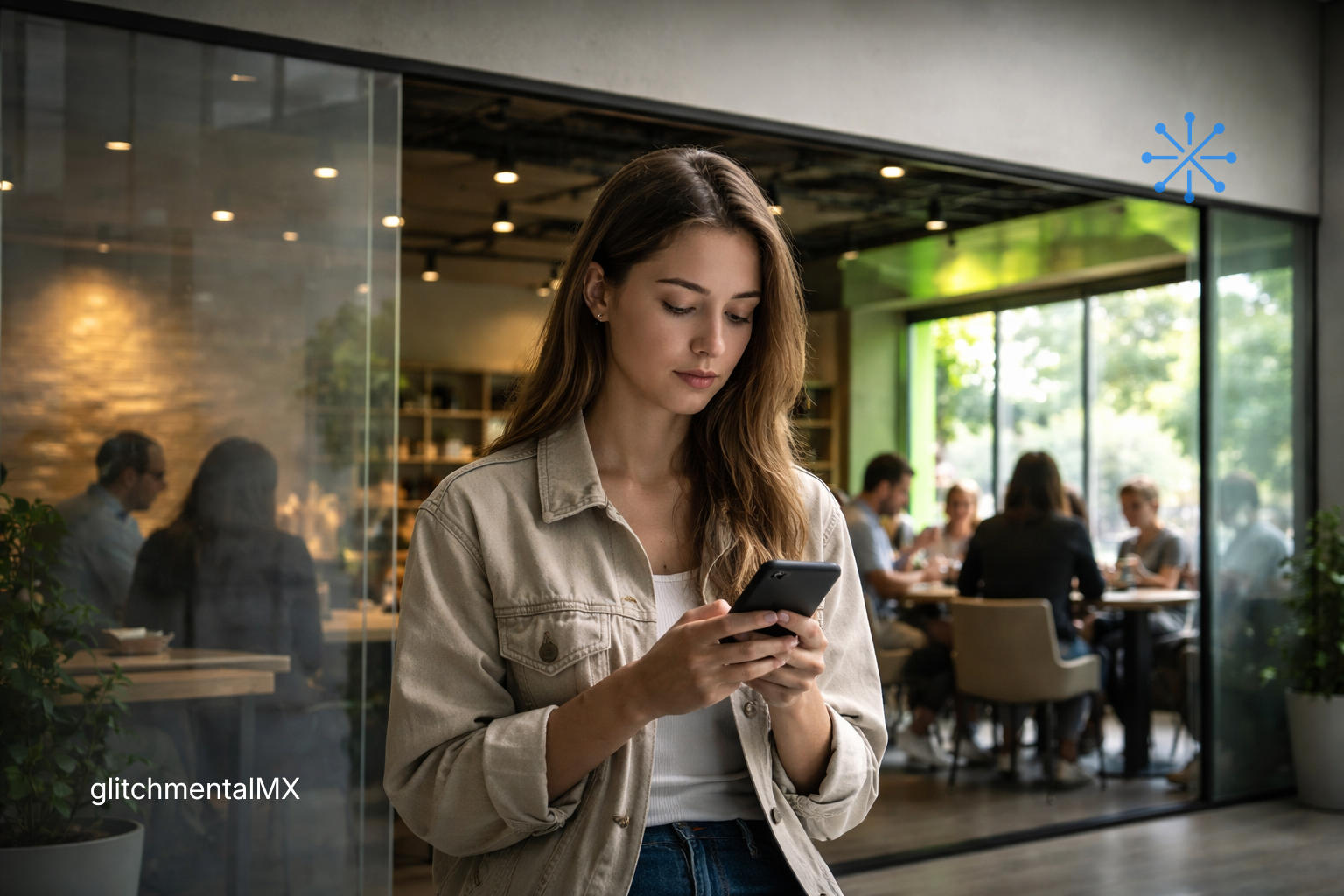 uso de redes sociales 2026: mujer revisa smartphone frente a cafetería con personas al fondo