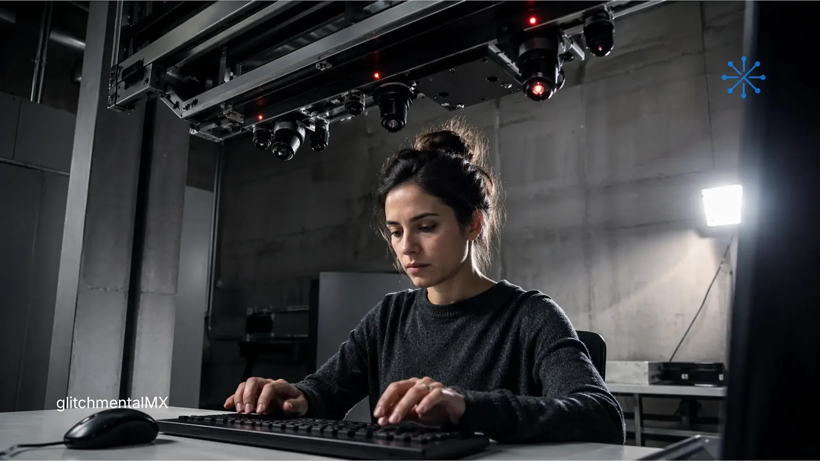 Meta graba empleados: mujer escribe bajo cámaras de vigilancia en oficina industrial