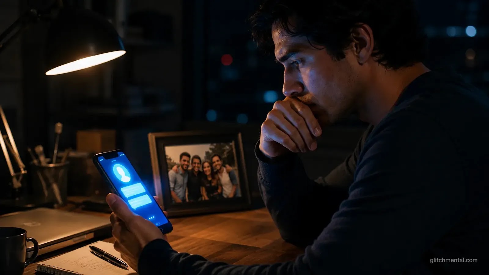 IA de Meta que te conoce: hombre mira notificación íntima en celular junto a foto de amigos guardada