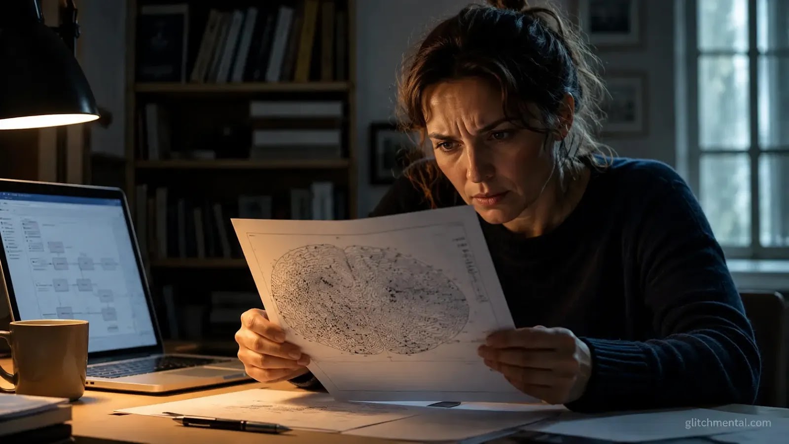 TRIBE v2 Meta: mujer sostiene diagrama de actividad cerebral en escritorio con laptop y luz cálida lateral