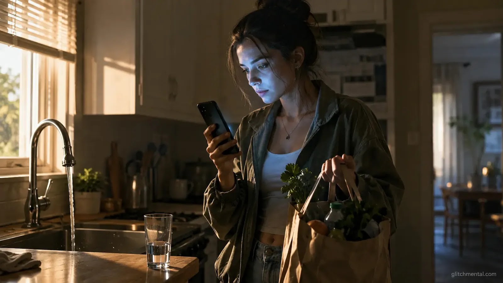 Microdramas redes sociales 2026: mujer paralizada en cocina con teléfono vertical, grifo abierto y bolsa de compras sin soltar