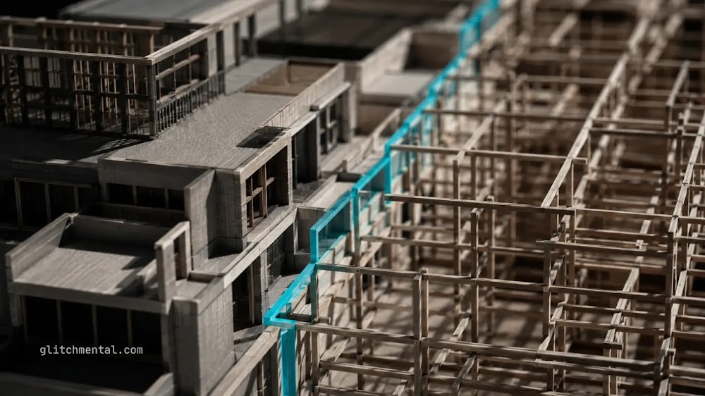 World Models in AI: estructura arquitectónica parcial junto a edificios terminados en maqueta