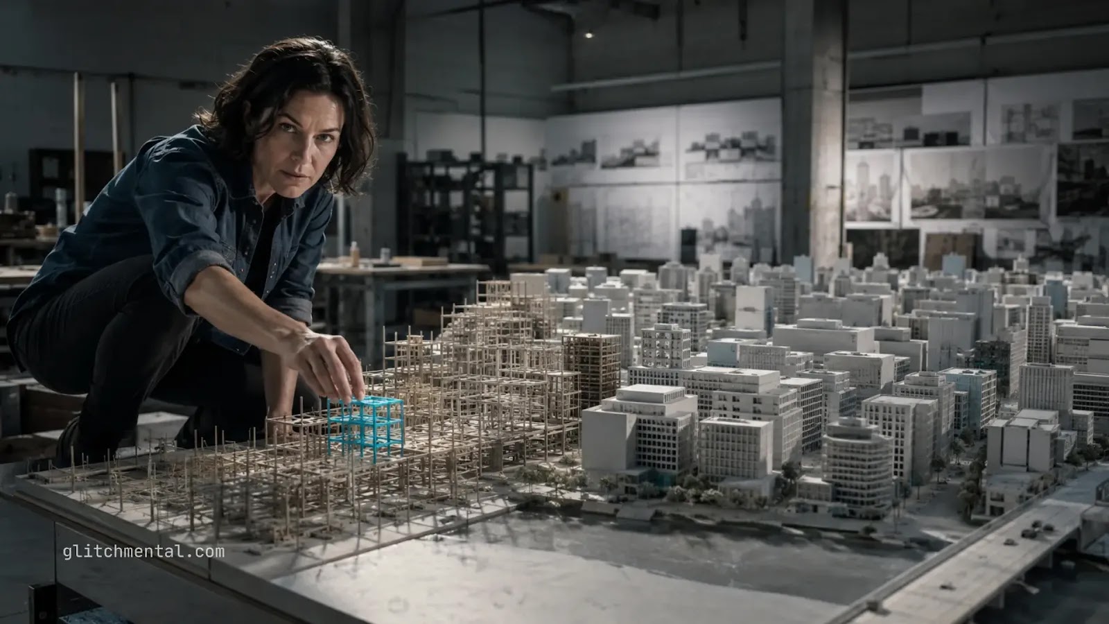 World Models in AI: arquitecta ajustando maqueta urbana con estructura en construcción