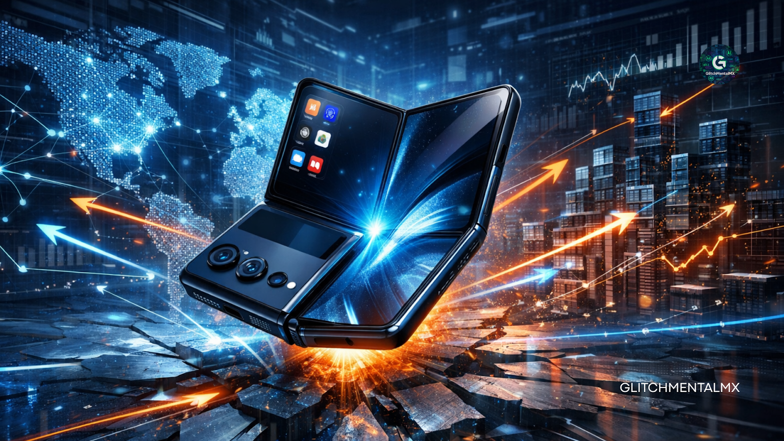 Motorola razr fold: smartphone plegable abierto con gráficos financieros y mapa global en entorno digital