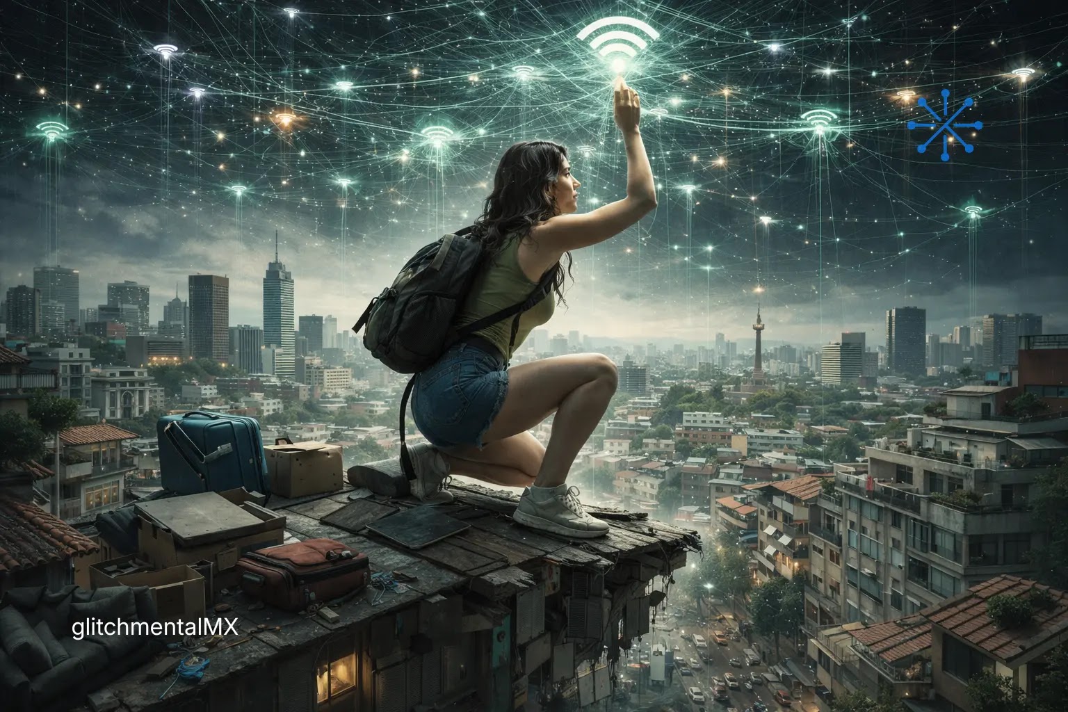 Mundial 2026 nómadas digitales: mujer en azotea conectándose a red WiFi global sobre ciudad urbana